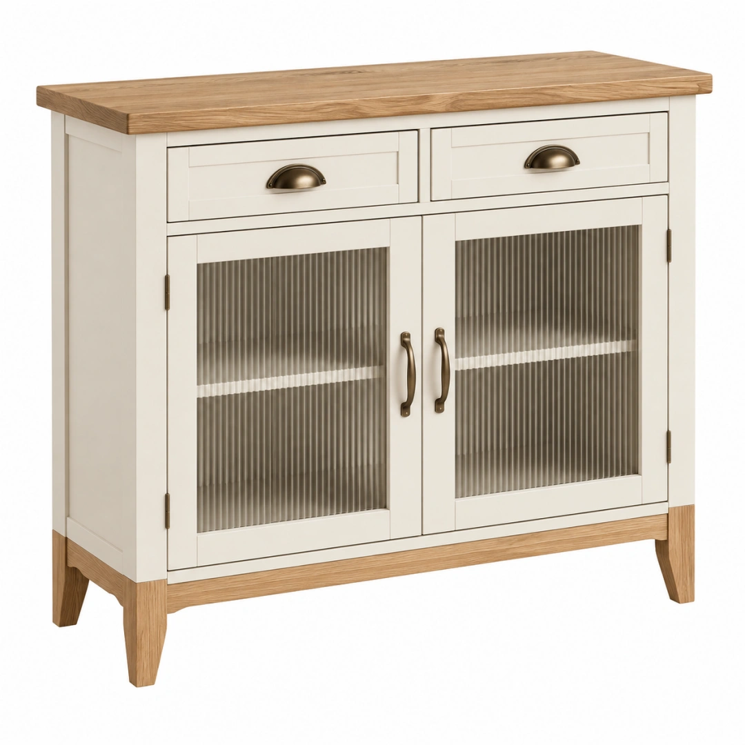 Aparador 100 x 40 x 85 cm de madera blanco y roble con puertas de vidrio acanalado