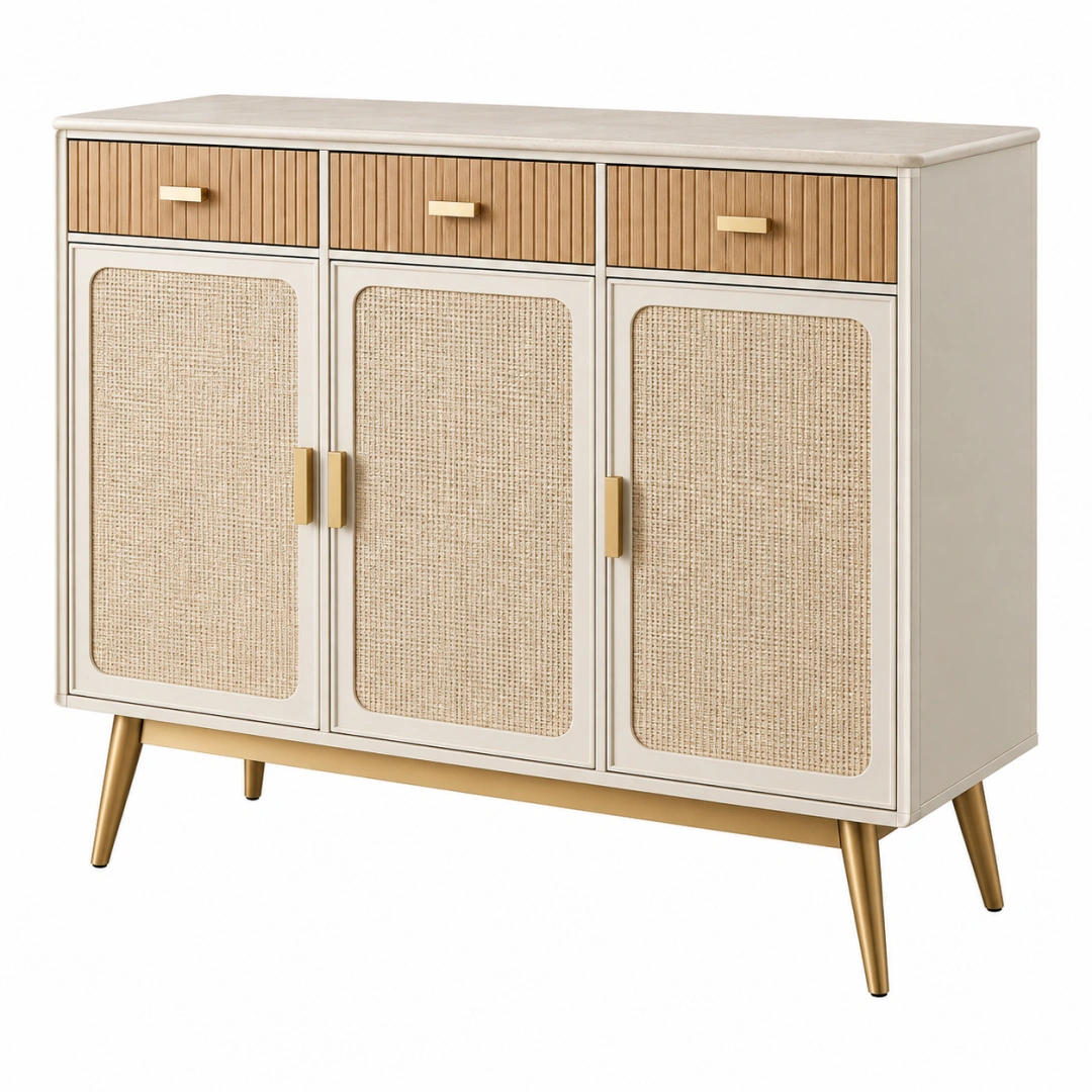 Aparador 120 x 40 x 90 cm de madera beige con rejilla para almacenaje estilo retro
