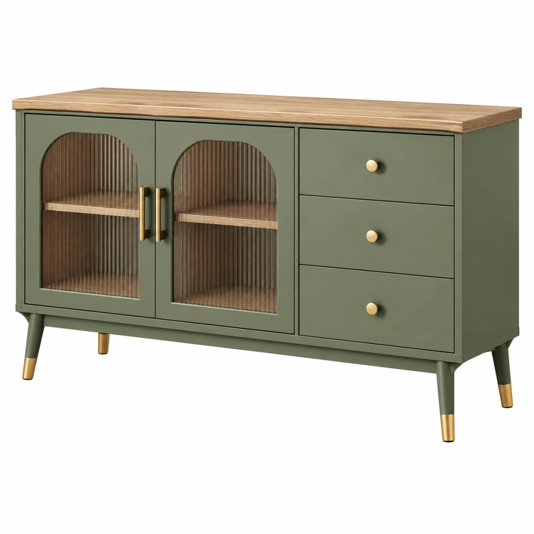 Aparador 120 x 40 x 75 cm verde oliva y madera con puertas de vidrio acanalado y cajones estilo retro