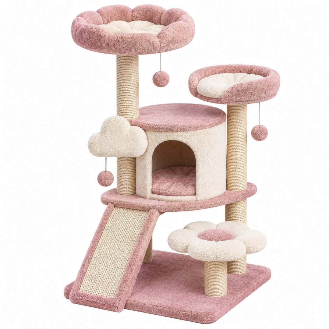 Árbol rascador para gatos 60 x 50 x 130 cm rosa y crema con sisal y plataformas