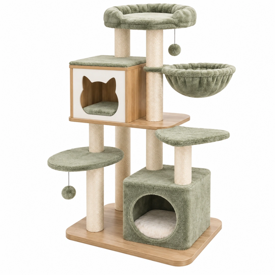 Árbol rascador para gatos 60 x 60 x 155 cm de madera sisal y felpa verde con cuevas plataformas y hamaca