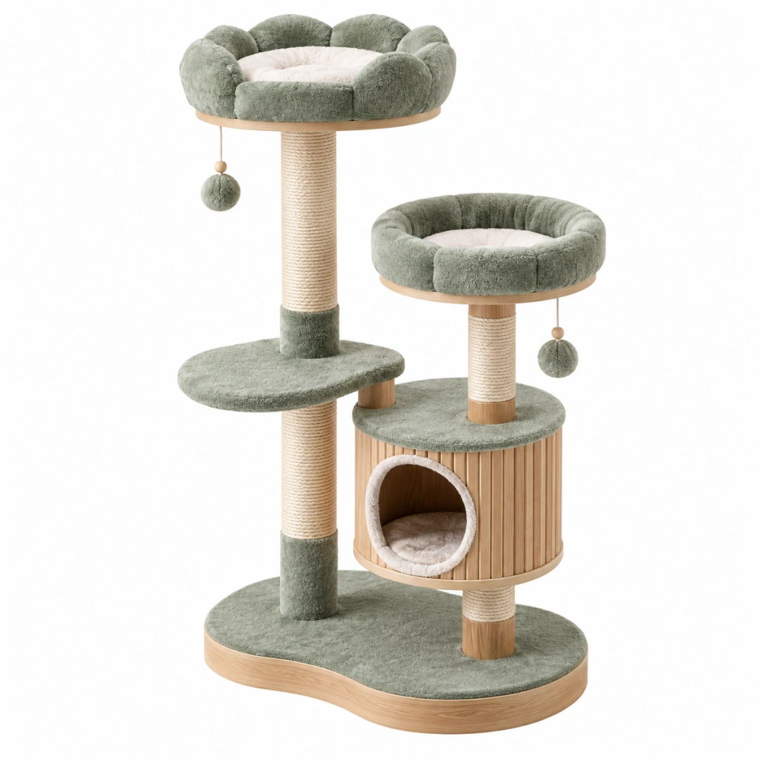 Árbol rascador para gatos 70 x 50 x 145 cm de madera sisal y felpa verde con plataformas y cueva