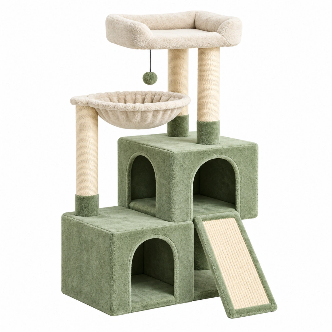 Árbol rascador para gatos 60 x 50 x 145 cm de sisal y felpa verde con refugios