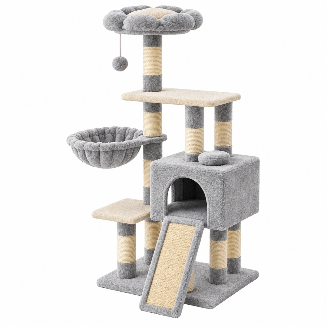 Árbol rascador para gatos 60 x 50 x 135 cm de felpa gris y sisal - multinivel con cueva
