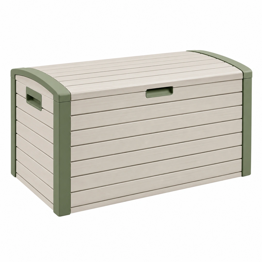 Arcón de almacenaje 120 x 55 x 60 cm de plástico beige y verde para exterior con tapa