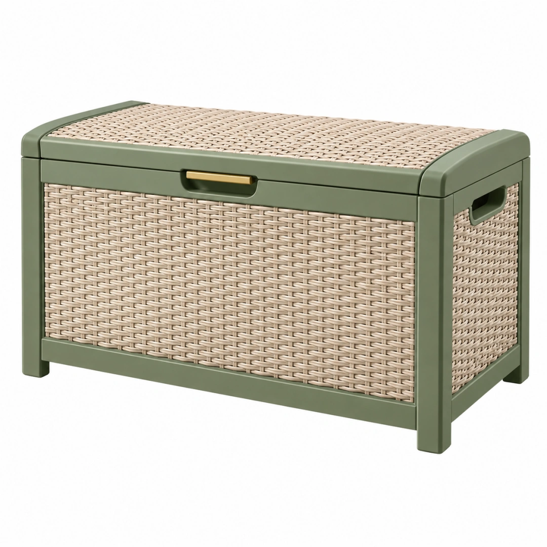 Baúl de almacenaje 80 x 45 x 50 cm de plástico trenzado verde y beige con tapa