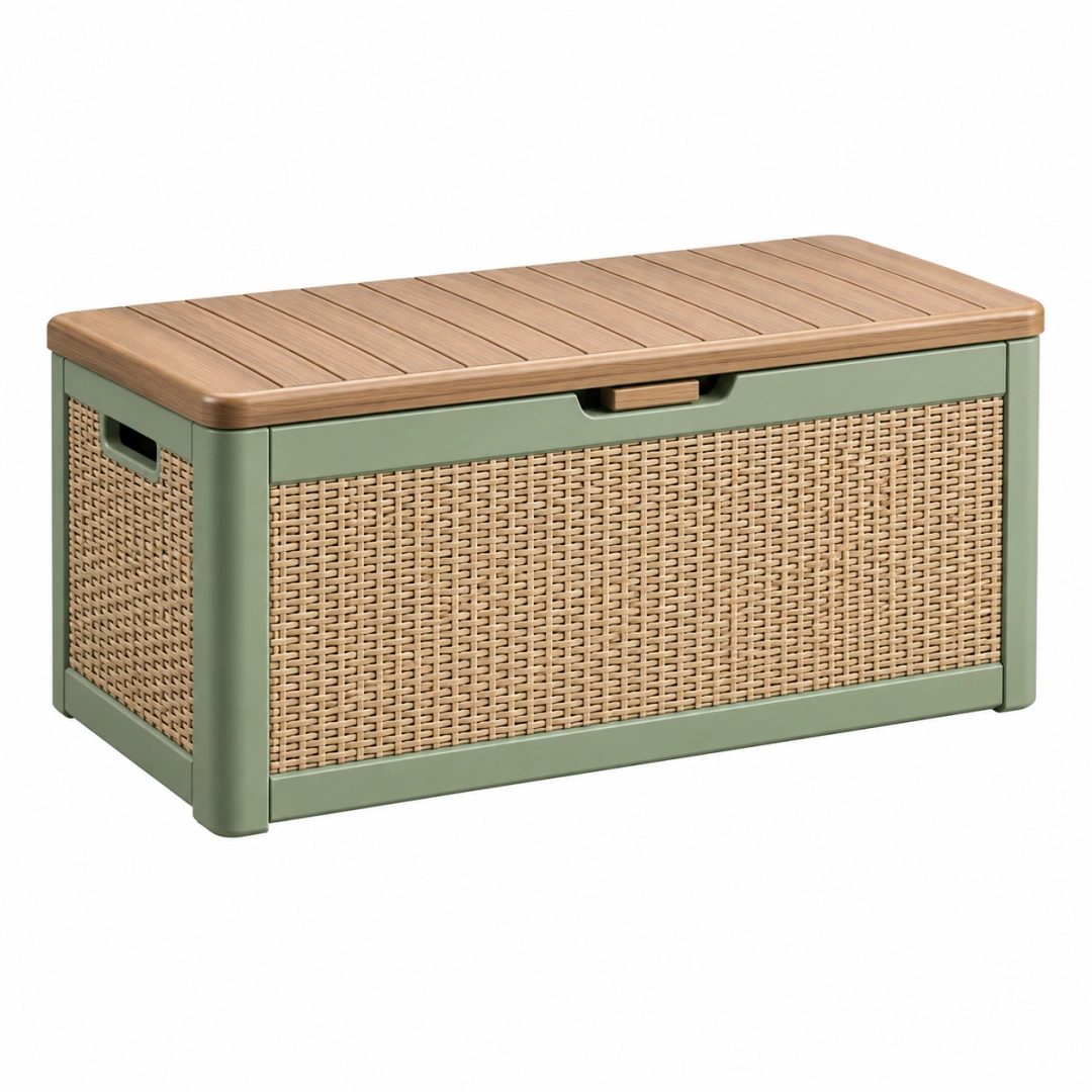 Baúl de almacenaje 100 x 50 x 55 cm de plástico verde y ratán sintético con tapa efecto madera