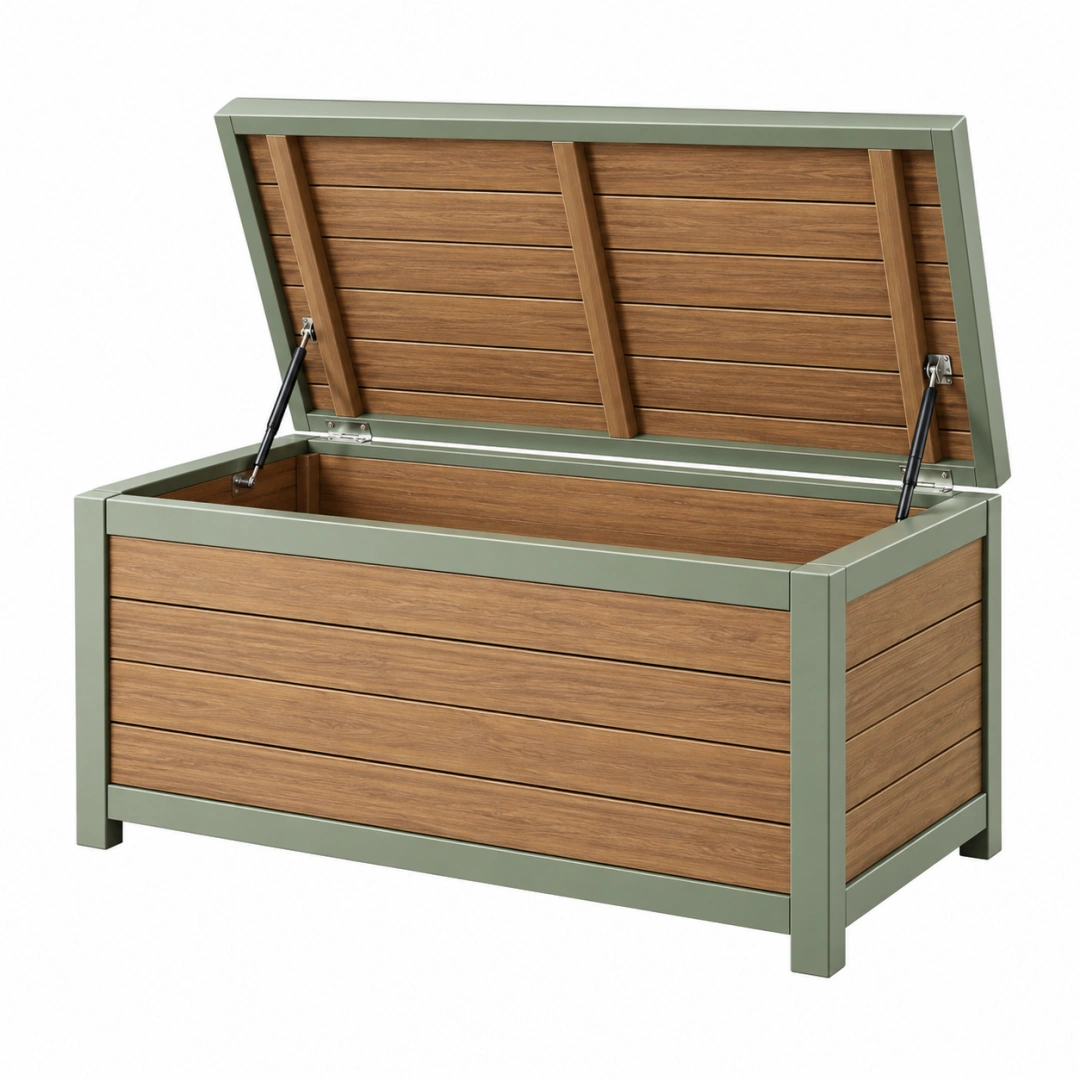 Arcón de jardín 120 x 55 x 60 cm de madera y metal marrón verde con tapa elevable