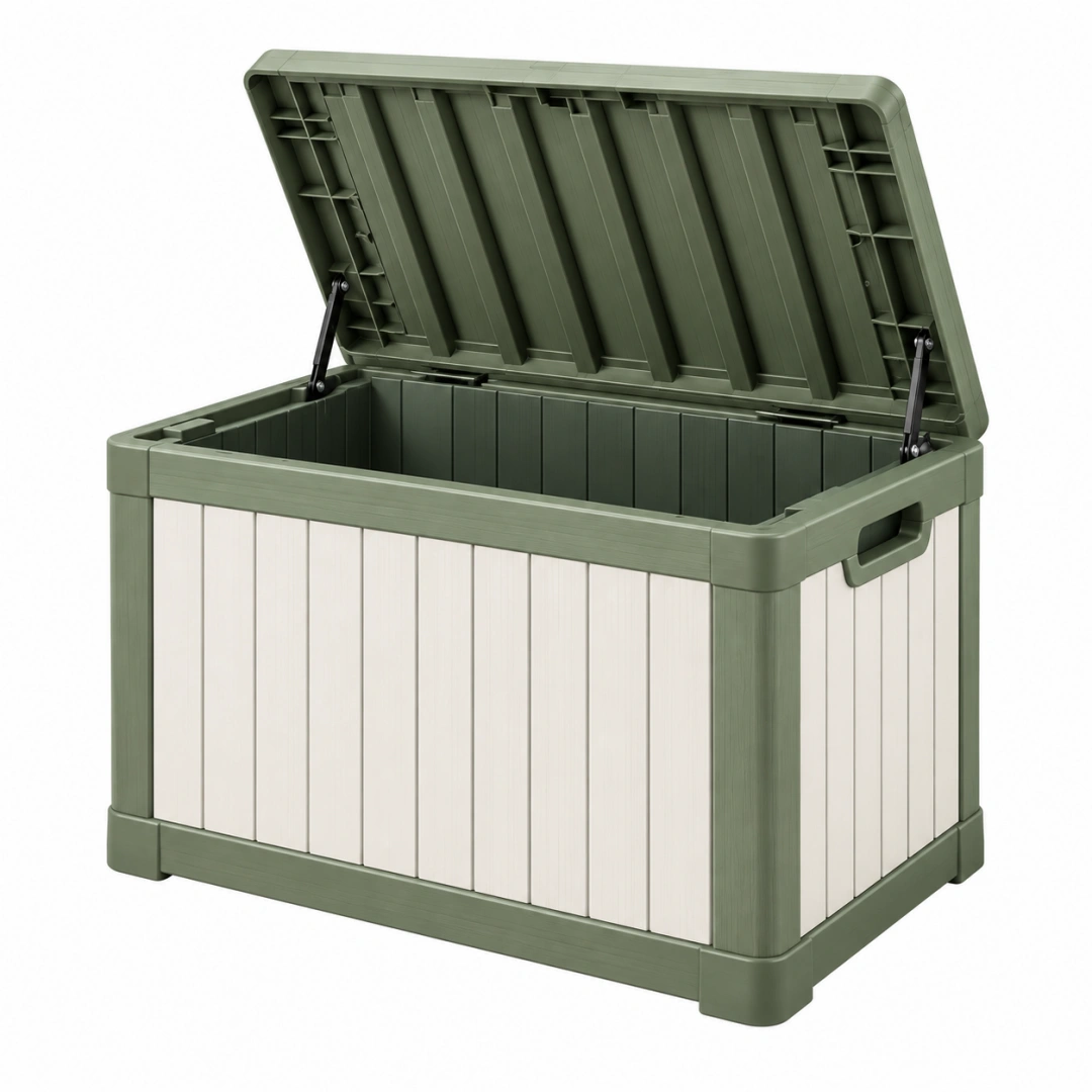 Arcón de almacenamiento 120 x 60 x 65 cm de plástico verde y blanco para exterior
