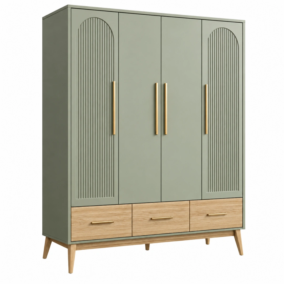 Armario 160 x 50 x 190 cm de madera manufacturada verde y natural con 4 puertas y 3 cajones estilo moderno