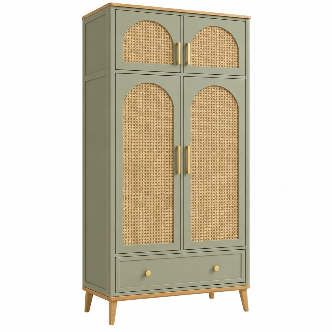 Armario 100 x 50 x 190 cm de madera verde con ratán - almacenamiento de estilo natural