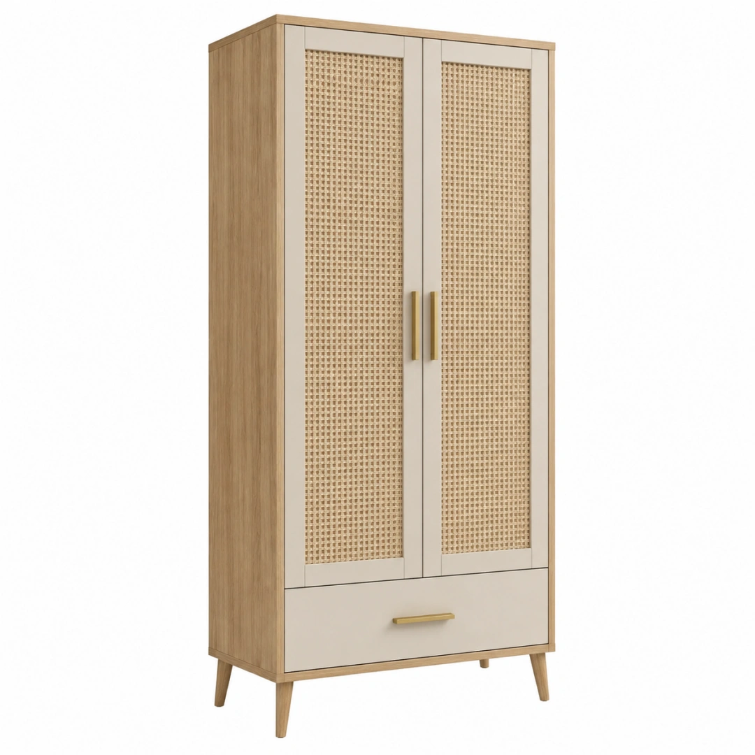 Armario 80 x 45 x 180 cm de madera beige y natural con rejilla trenzada - almacenamiento de estilo nórdico