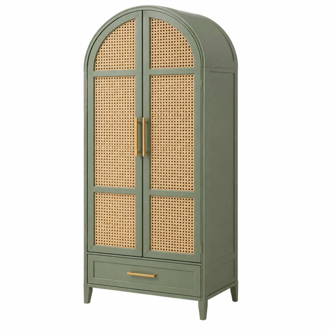 Armario 90 x 45 x 190 cm de madera verde con rejilla de ratán - almacenaje de estilo vintage