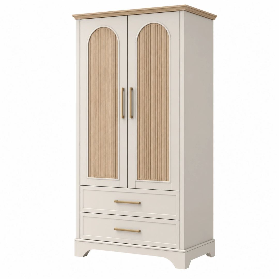 Armario ropero 90 x 50 x 190 cm de madera blanco y natural con puertas y cajones de estilo clásico