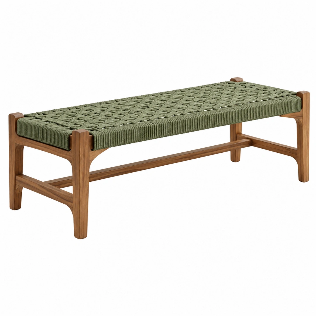 Banco 120 x 40 x 45 cm de madera con asiento trenzado verde para exterior
