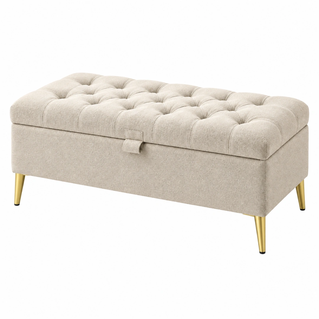 Banco baúl 120 x 45 x 45 cm tapizado textil beige con almacenaje y capitoné