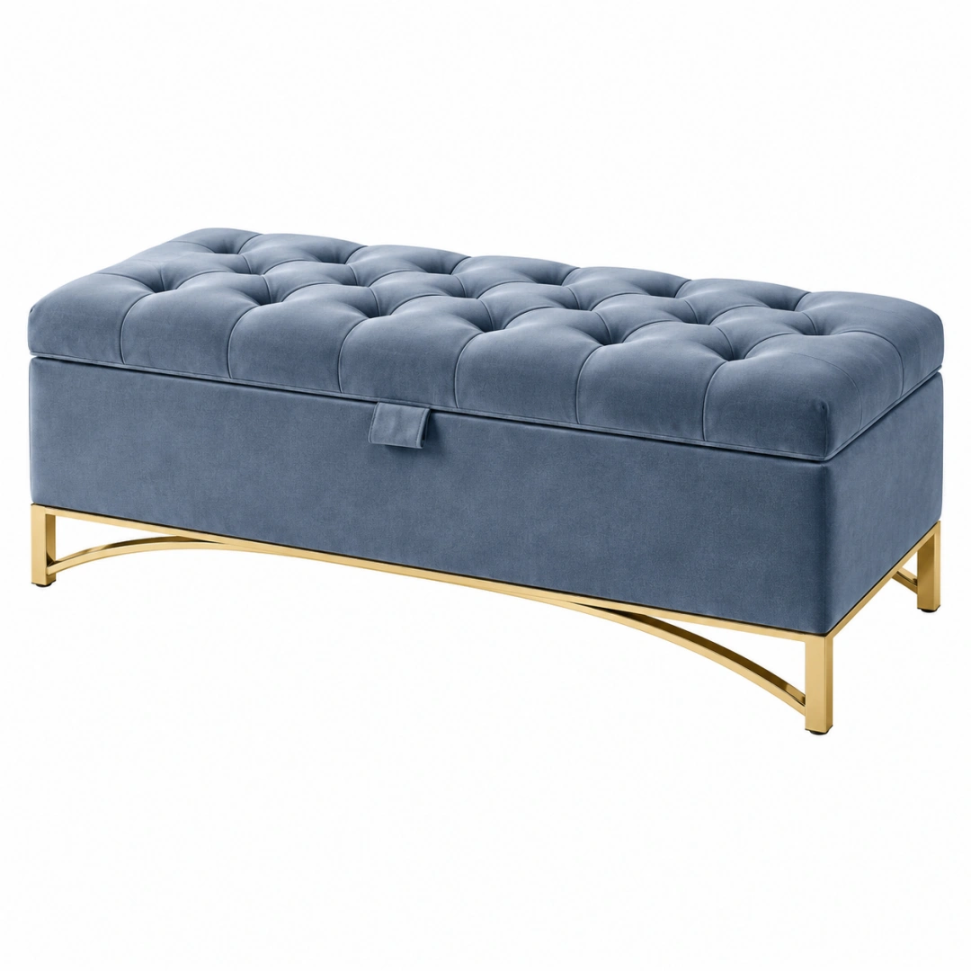 Banco arcón 120 x 45 x 48 cm de terciopelo azul con patas metálicas doradas - capitoné con almacenamiento
