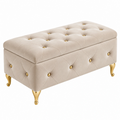 Banqueta baúl 100 x 45 x 48 cm de terciopelo beige con patas metálicas doradas estilo capitoné