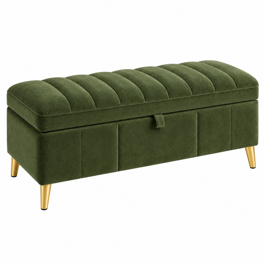 Banco de almacenaje 110 cm tapizado verde oliva con asiento acolchado y patas metálicas