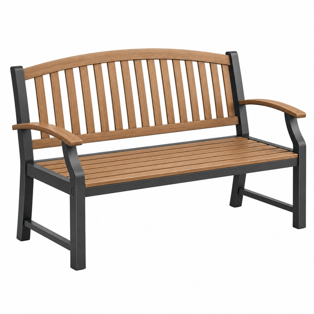 Banco de jardín 120 cm de madera y metal marrón negro con reposabrazos clásico