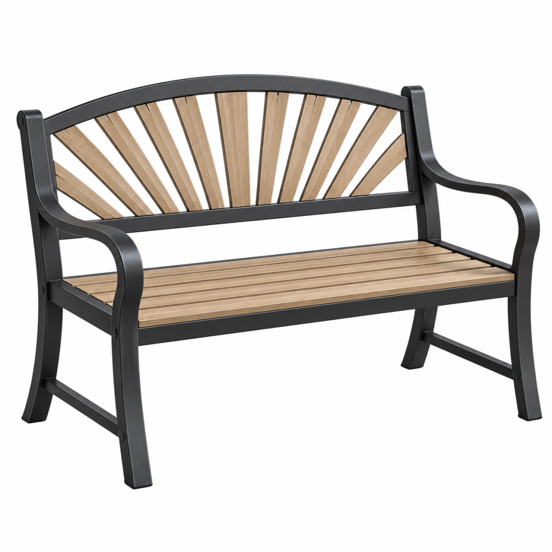 Banco de jardín 122 x 62 x 90 cm de metal y madera negro/natural con respaldo curvo