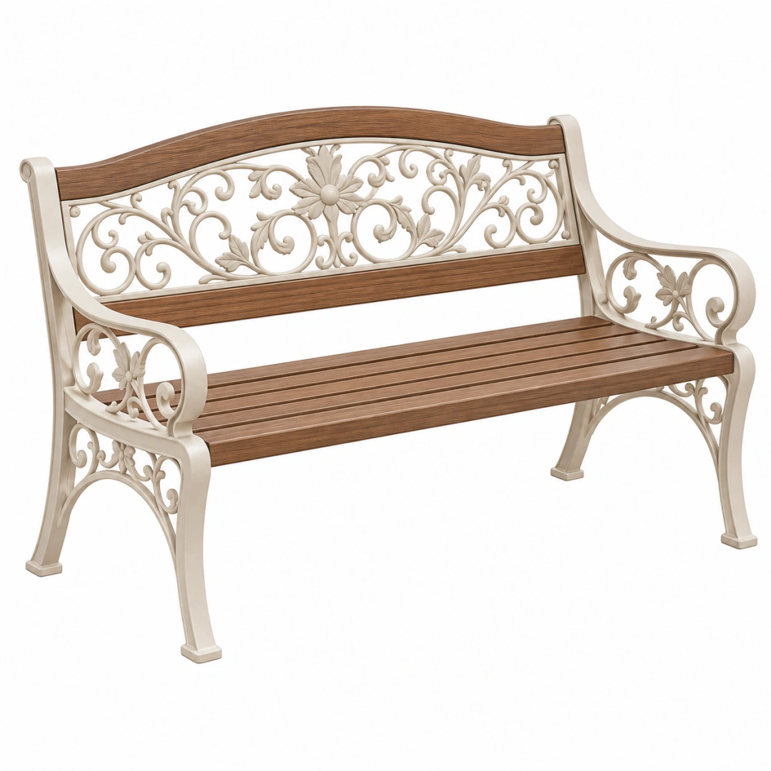 Banco de jardín 125 x 60 x 90 cm de metal beige y marrón - clásico ornamental