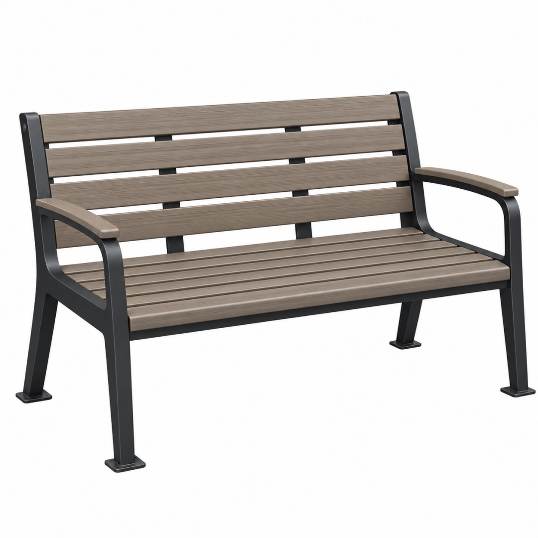 Banco de jardín 120 x 60 x 85 cm de metal y lamas sintéticas marrón negro con reposabrazos