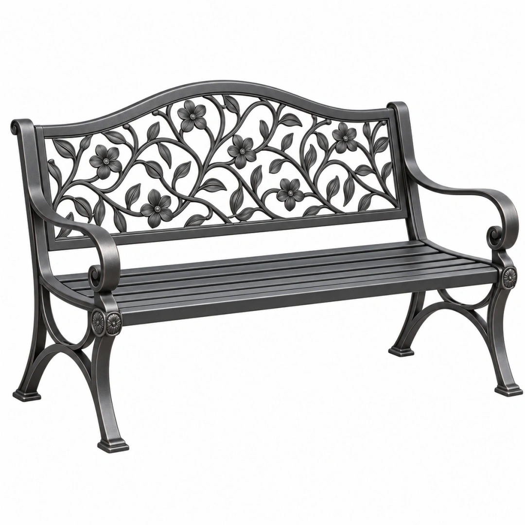Banco de jardín 125 x 55 x 90 cm de metal negro con respaldo floral clásico