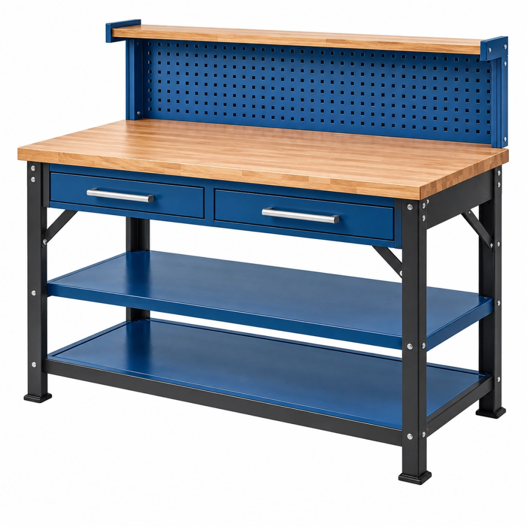 Banco de trabajo 120 x 60 x 155 cm de madera y metal azul con panel perforado y cajones