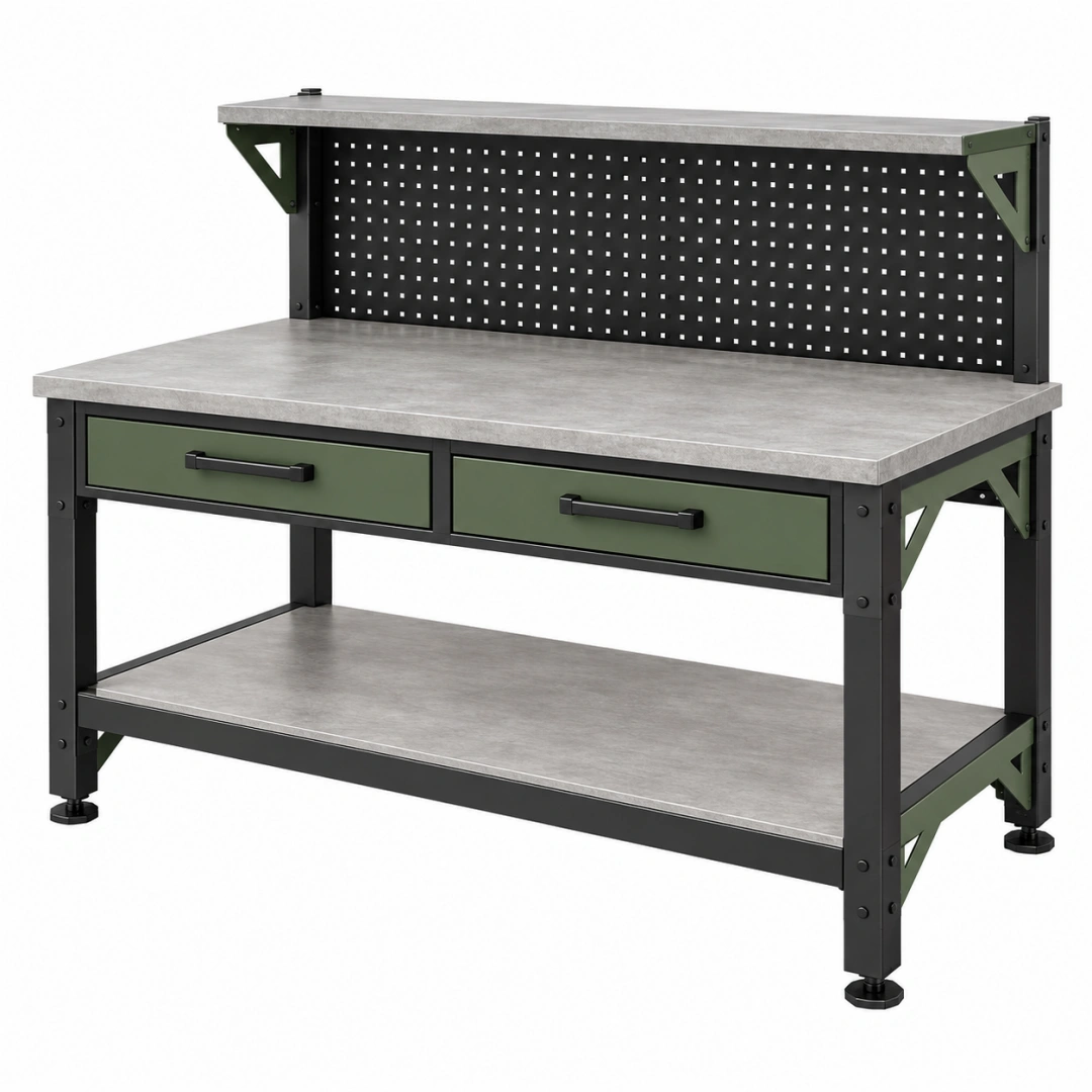 Banco de trabajo 120 x 60 x 150 cm de acero negro y verde con tablero gris y panel perforado