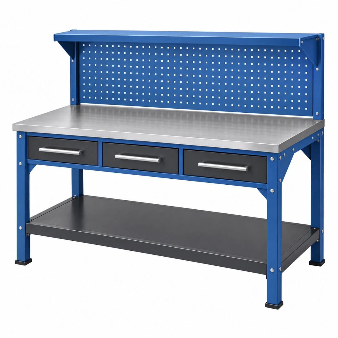 Banco de trabajo 120 x 60 x 150 cm de acero azul con tablero inoxidable y 3 cajones