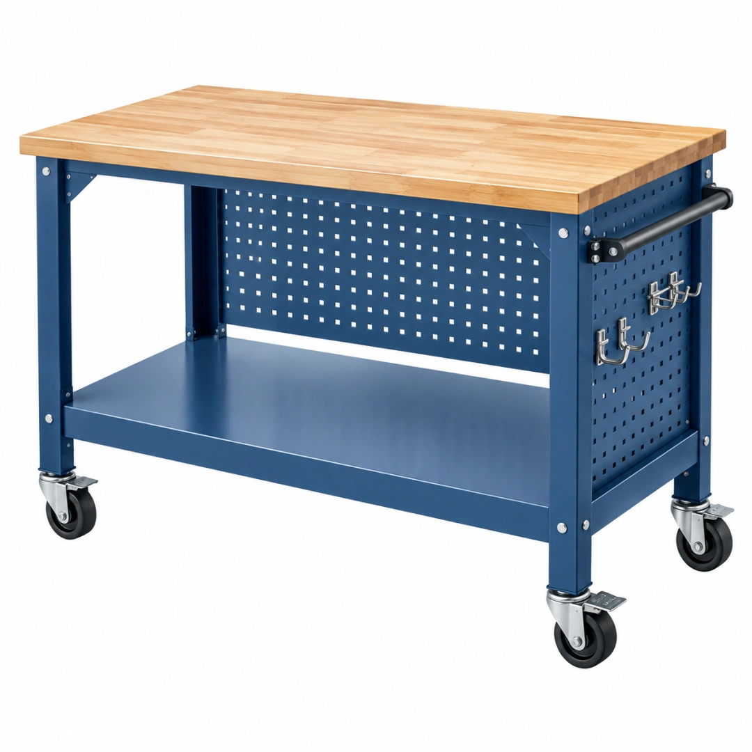 Banco de trabajo móvil 122 x 61 x 91 cm de acero azul y bambú con panel perforado