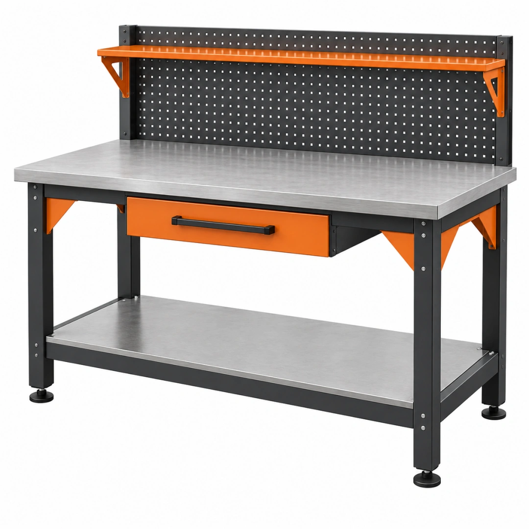 Banco de trabajo 120 x 60 x 150 cm de acero negro y naranja con panel perforado y cajón