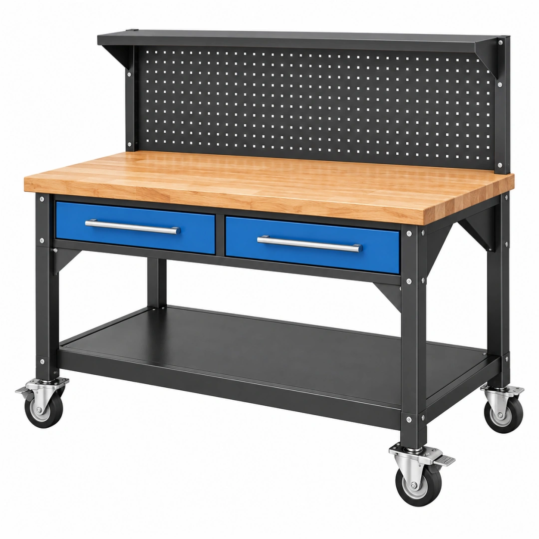 Banco de trabajo 120 x 60 x 150 cm de acero y madera negro azul con ruedas y panel perforado
