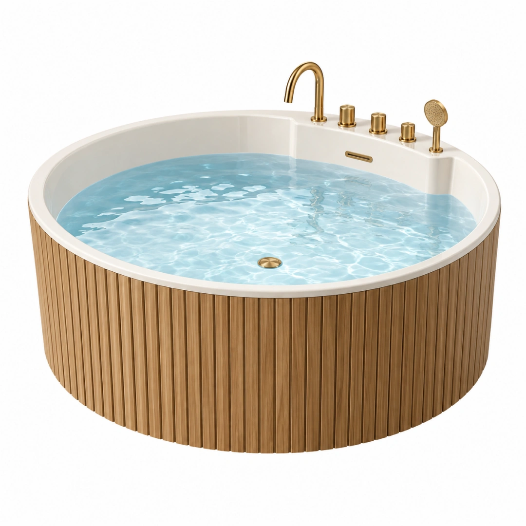 Bañera redonda 150 cm de acrílico blanco con revestimiento de madera y grifería dorada - estilo moderno